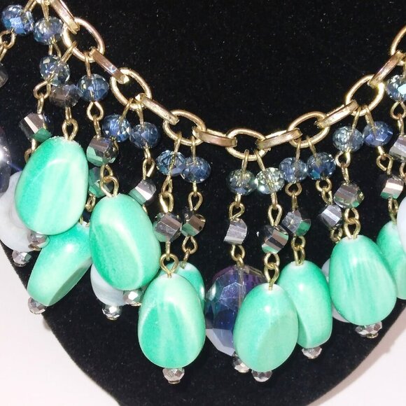 WOMEN'S TURQUOISE & BLUE STONE AND CRYSTAL GLASS BEADED CHOKER CHAIN NECKLACE - Picture 2 of 5